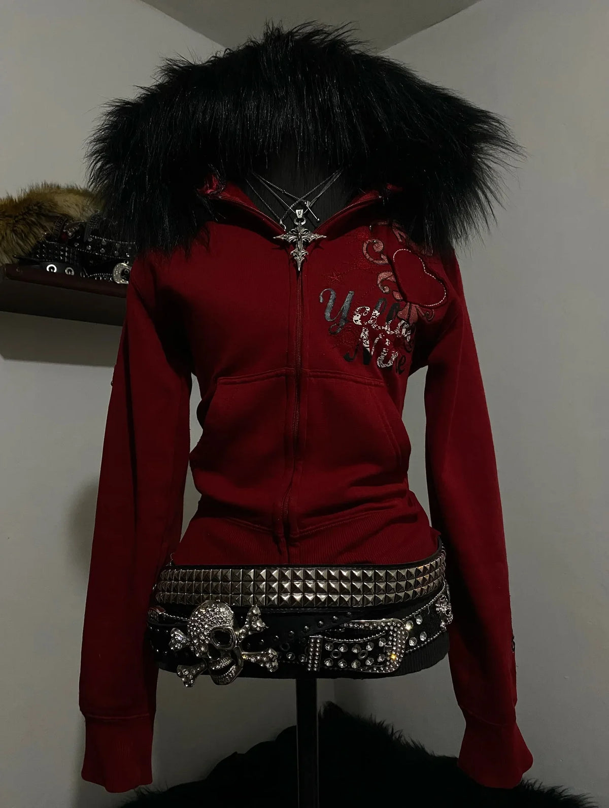 Women Y2K Gothic Zip Up Hoodie Red Faux Fur Collar Embroidery Rhinestone Hooded Jacket Grunge Streetwear Casual Sweatshirt