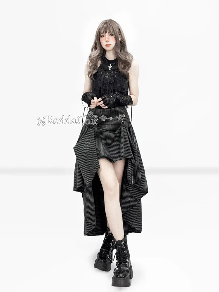 REDDACHiC Black Striped Suit Skirt Grunge Retro 3-Way Fishtail High-Low Maxi Long Train Skirt Gothic Woman Alternative Clothes