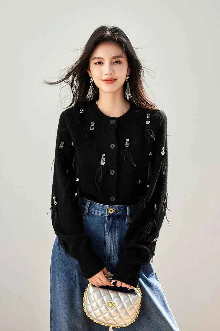 H Han Queen Autumn Simple Basic Black Tasseled Sequins Knitted Coats Cardigan Sweater For Womens Tops Long Sleeve Cardigans