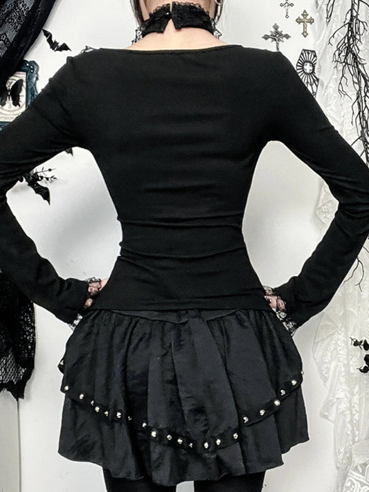 AltGoth Aesthetic Goth T-shirt Women Hotsweet Y2k E-girl 2000s Streetwear Lace Patchwork Square Collar Long Sleeve Crop Tee Tops SS69