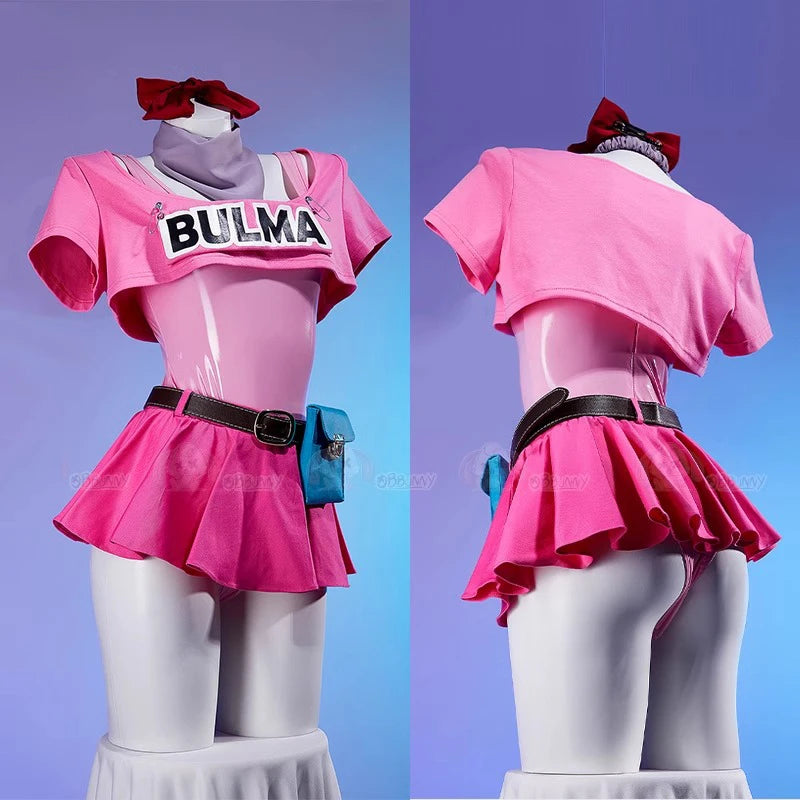 Anime Bulma Cosplay Costume Wig Women Short T-shirt Sexy Leather Bodysuit Headwear Scarf Belt Bag Set Halloween Carnival Clothes