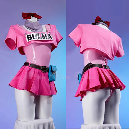 Anime Bulma Cosplay Costume Wig Women Short T-shirt Sexy Leather Bodysuit Headwear Scarf Belt Bag Set Halloween Carnival Clothes