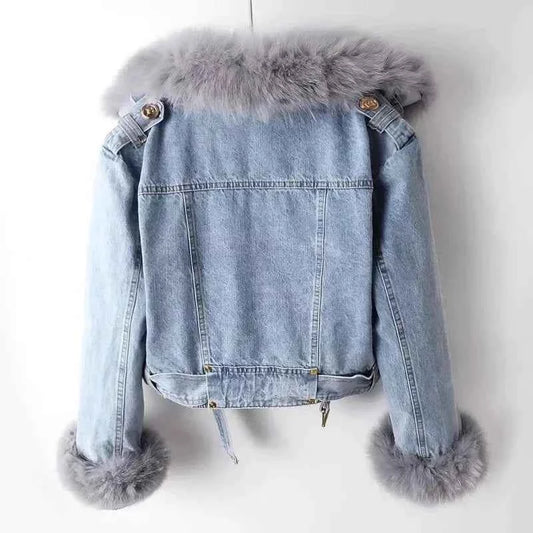Women Faux Fox Fur Collar Jean Coat Winter Denim Jacket Female Short Warm Parkas Rabbit Hair Lining Outwear Fashion Overcoat