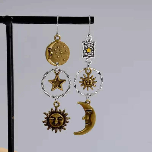 SS69 Greek Mythology Sun and Moon Asymmetric Drop Earrings, Zinc Alloy