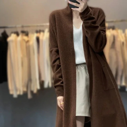Merino Wool  Autumn winter brown Women 2026 knit Cardigan Long Sleeve Sweater Loose Warm Knitwear Long Coat korean christmas