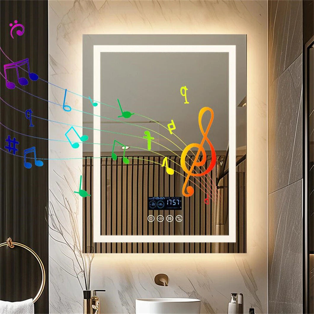 Smart LED Bathroom Mirror Rectangle Wall Mount Mirror w Bluetooth Speaker,Time,Temperature,Light Memory,Front & Backlit,Anti-Fog SS69