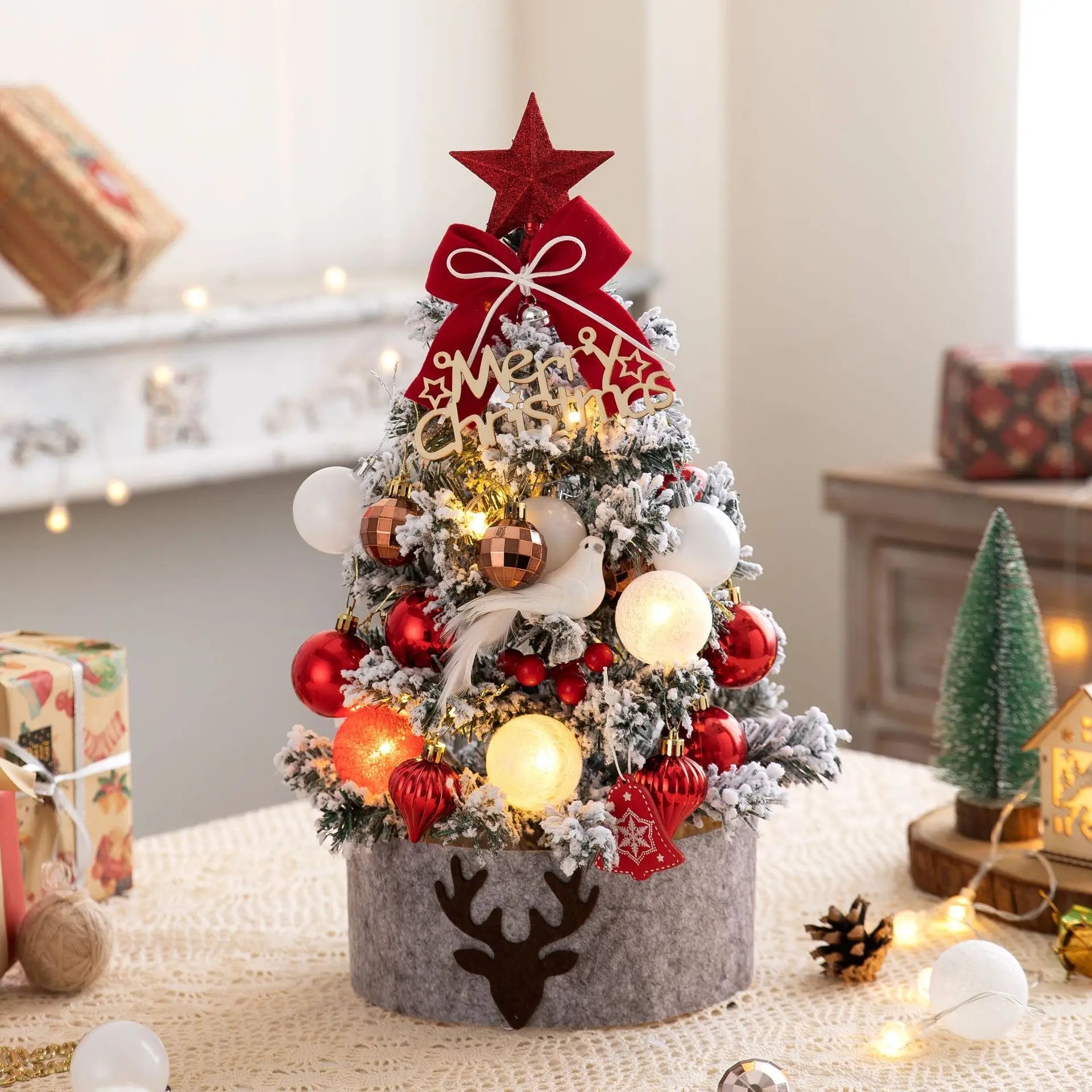 45/60cm Mini Christmas Tree With Lights DIY Desktop Golden Red Christmas Decorations 2024 New Year Home Party Windows Ornaments SS69 37.69 Red / 45cm