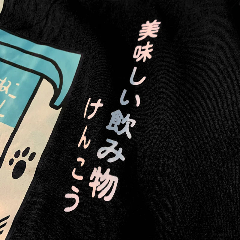 Cute Japanese Cat Print Oversized T-shirt Women Men Short Sleeve Loose Casual Tee Shirt Streetwear Tops Cotton Harajuku Clothing SS69