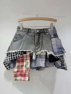 DEAT Women's Denim Skirt Colored Plaid Patchwork Irregular Deconstructed A-line High Waist Mini Skirt 2025 Summer New Fashion SS69