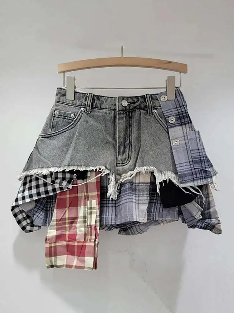 DEAT Women's Denim Skirt Colored Plaid Patchwork Irregular Deconstructed A-line High Waist Mini Skirt 2025 Summer New Fashion SS69