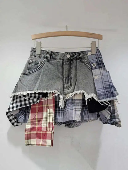 DEAT Women's Denim Skirt Colored Plaid Patchwork Irregular Deconstructed A-line High Waist Mini Skirt 2025 Summer New Fashion SS69