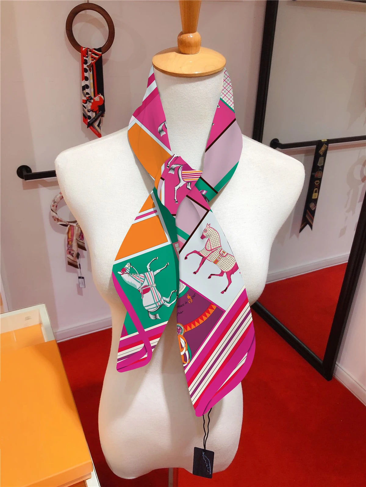 90cm Classic Checkered Horse Brand Square Scarf Women Twill Silk Scarf Shawl Hijab Luxury Bandana Foulard Neckerchief Head Scarf SS69