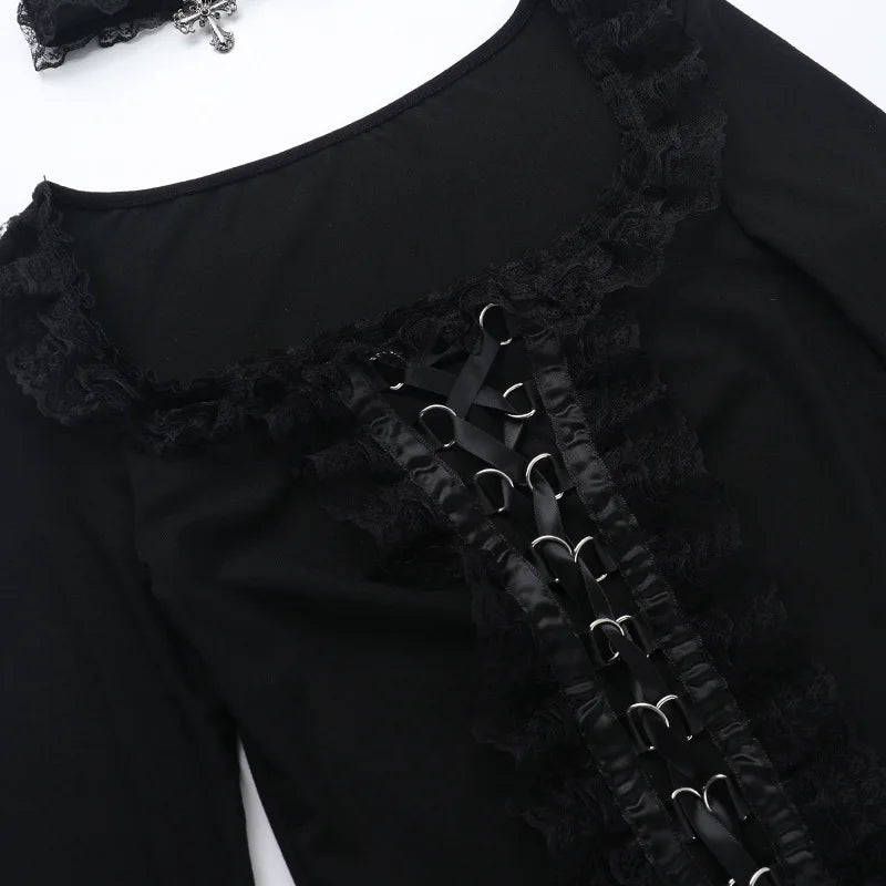 AltGoth Aesthetic Goth T-shirt Women Hotsweet Y2k E-girl 2000s Streetwear Lace Patchwork Square Collar Long Sleeve Crop Tee Tops - SS69