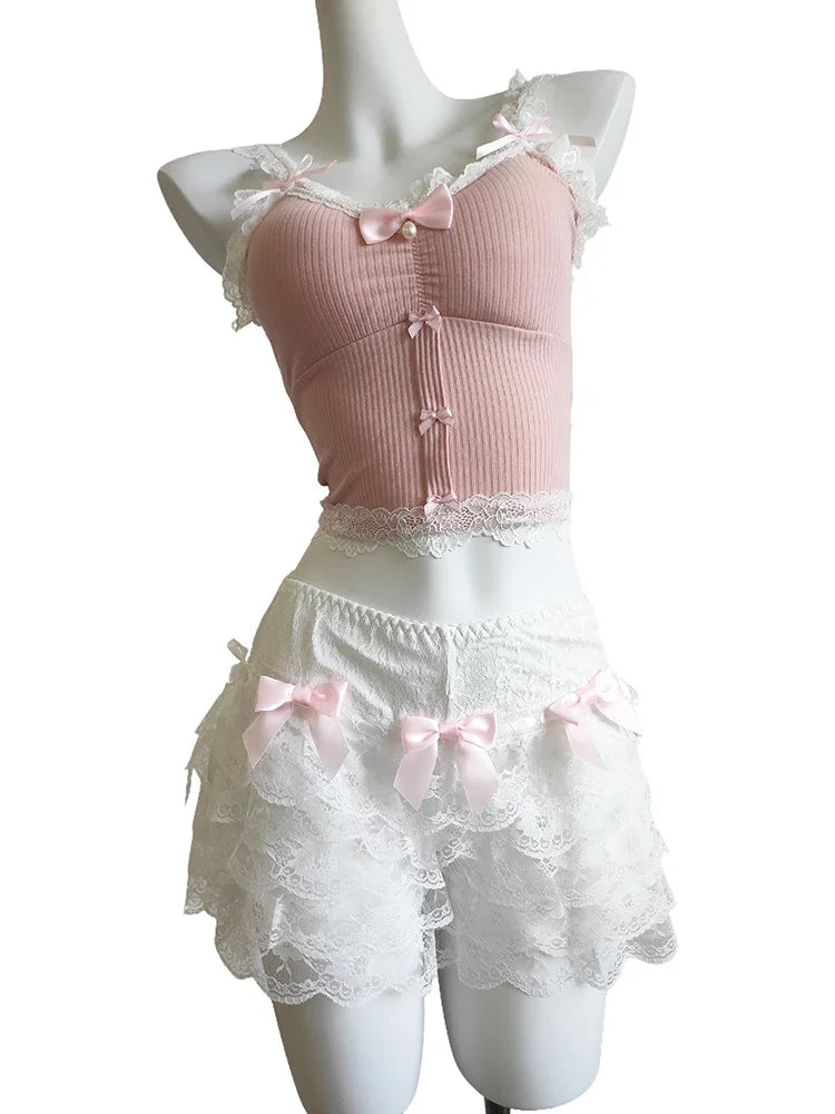 Sweet Crop Top Women Lace Trim Cotton Cropped Bows Bead Decoration Pink White Cute Camis Sweet Girls Lolita Style Kawaii Clothes SS69 34.69 PinkTops and Shorts / One Size