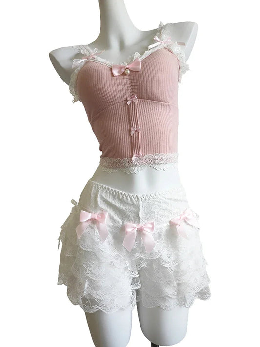 Sweet Crop Top Women Lace Trim Cotton Cropped Bows Bead Decoration Pink White Cute Camis Sweet Girls Lolita Style Kawaii Clothes SS69 34.69 PinkTops and Shorts / One Size