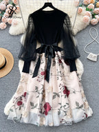 SINGREINY Senior Knitted Patchwork Dress Long Lantern Sleeves Bow Mesh Embroidery Floral Women Autumn France Elegant Party Dress