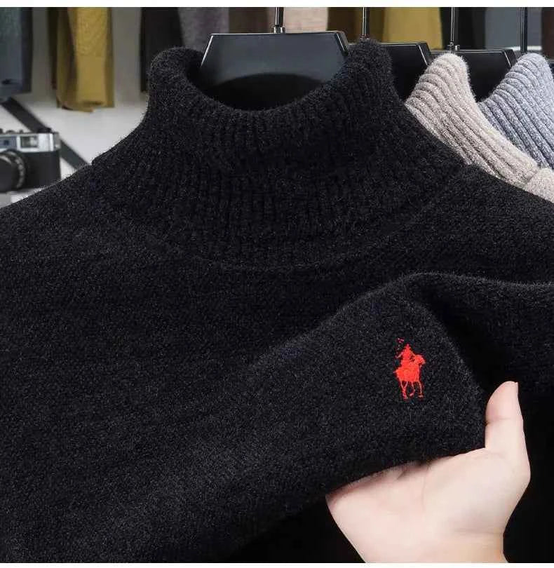 High end brand velvet sweater men's new fashion designer exquisite pony embroidery winter thick warm high neck knitted pullover