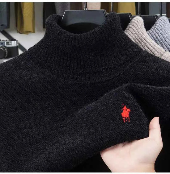 High end brand velvet sweater men's new fashion designer exquisite pony embroidery winter thick warm high neck knitted pullover