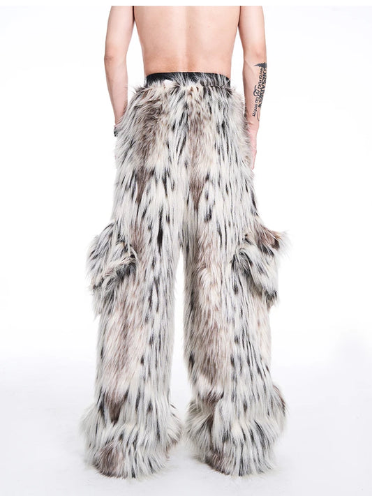 Mauroicardi Autumn Winter Long Colorful Thick Warm Hairy Fluffy Faux Fur Wide Leg Pants Men Pockets Runway Fashion Streetwear