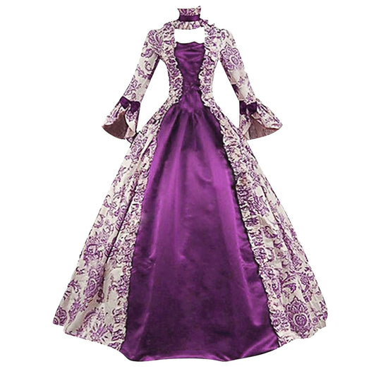 Women Lace-Up Medieval Dress Ruffles Bow Vintage Victorian Carnival Maxi Dress Patchwork Floral Female Fairy Long Dress SS69 39.69 PURPLE / L / United States