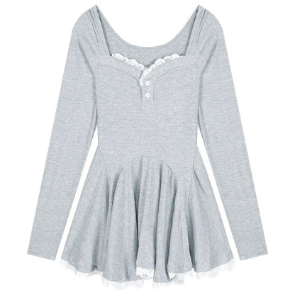 Women Sexy Korean Dress French Style Waist Closed Long Sleeve Collarbone Exposed Sweet SS69