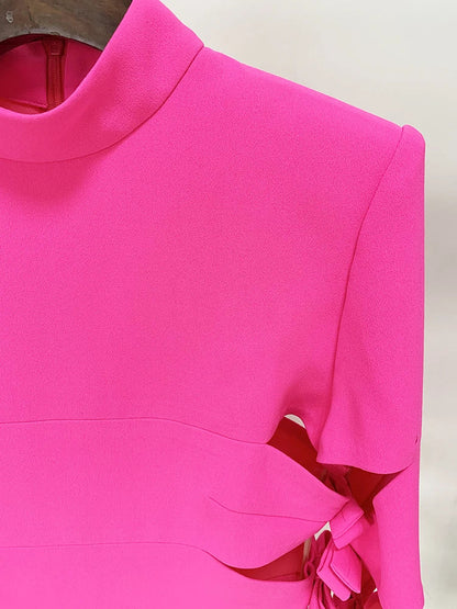 HIGH STREET 2024 New Stylish Designer Party Wear Women's Star Style Sexy Hollow Out Bow Dress Fluorescence Pink SS69