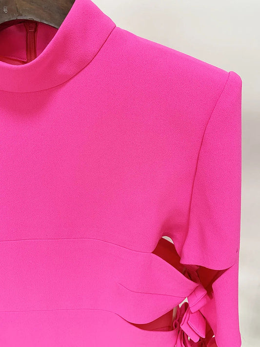 HIGH STREET 2024 New Stylish Designer Party Wear Women's Star Style Sexy Hollow Out Bow Dress Fluorescence Pink SS69