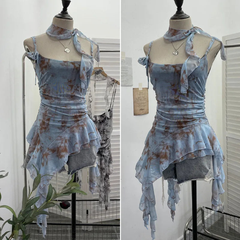 Women's Vintage Tie-dye Printed Mesh Spaghetti Strap Camisole Hot Girl Irregular Ruffled Ribbon Sleeveless Top Partyclub 1185