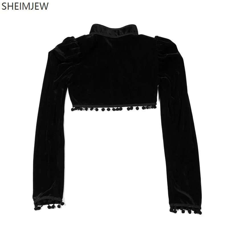 Medieval Steampunk Jacket Black Tassel Stand Collar Short Top Women Gothic Coat Navel-exposed Long Sleeve Retro Slim Fit Coats SS69