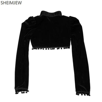 Medieval Steampunk Jacket Black Tassel Stand Collar Short Top Women Gothic Coat Navel-exposed Long Sleeve Retro Slim Fit Coats SS69