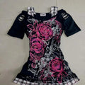 Kimutomo Women T Shirts Vintage Flowers Printed Short Sleeve Spring Summer Fashion Slim Grunge Gothic Y2k Harajuku Tops Ladies