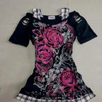 Kimutomo Women T Shirts Vintage Flowers Printed Short Sleeve Spring Summer Fashion Slim Grunge Gothic Y2k Harajuku Tops Ladies