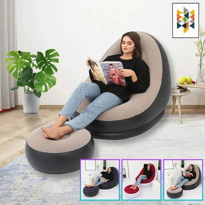 Inflatable Lazy Sofa Chair PVC Flocking Foldable Sofa With Slip-on Lunch Lounge Chair Set