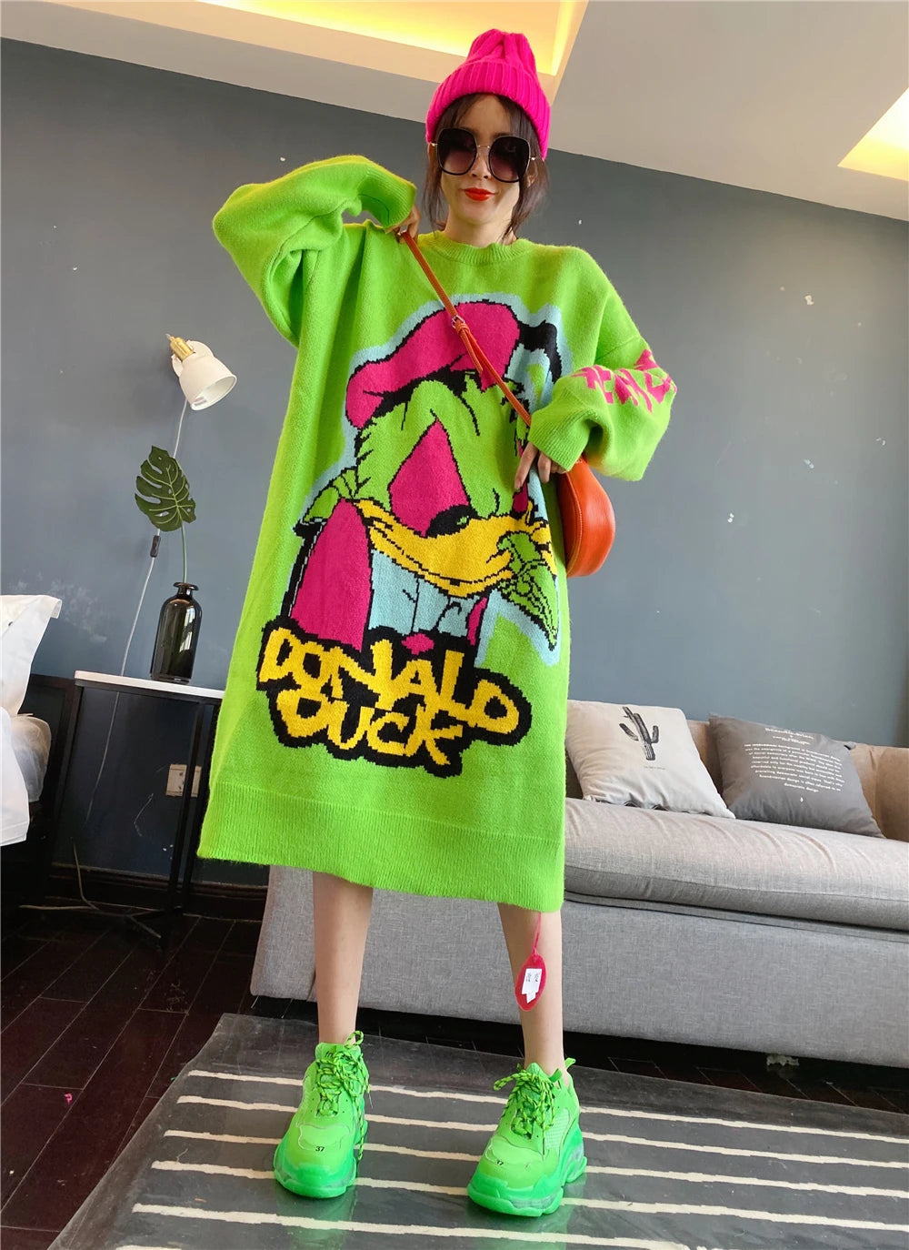 Korean Long-Sleeved Pullover Sweater Loose Fashion Women Autumn Winter Cartoon Embroidered Thickened Long Section Knitted Top SS69