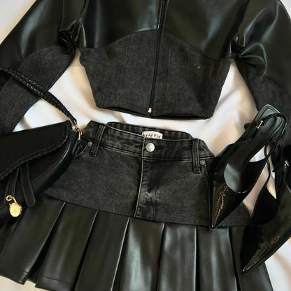 Fashion Trendy Leather Suit Twopiece Set Women Y2k Harajuku Gothic Heart Shaped Short Jacket Denim Splicing Sexy Miniskirt Suit SS69 35.69 Skirt1 / M