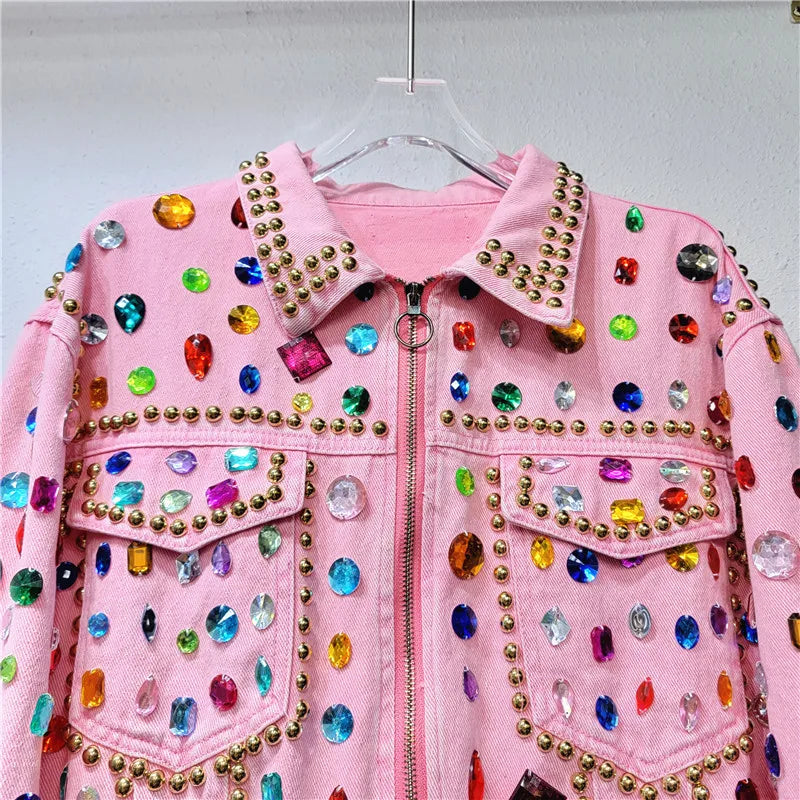Women Rainbow Diamonds Beaded Pink Denim Coat Loose Rhinestones Jeans Jacket Long Sleeve Crystal Cowboy Cardigan Rivets Tops SS69
