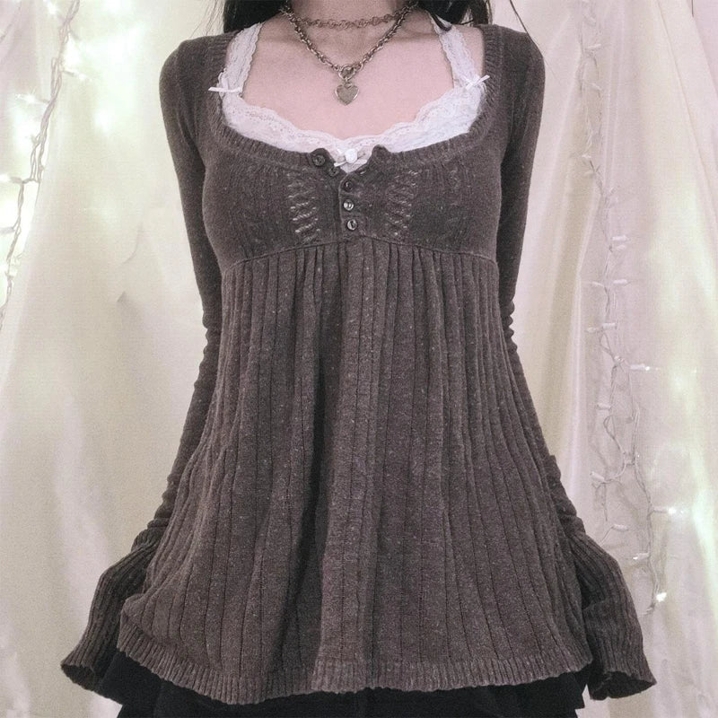2000s Vintage Long Sleeve Babydoll Knitted Sweater Tops Cottage Milkmaid Pullovers Aesthetic Grunge Y2k Knitwear T-shirts Women SS69