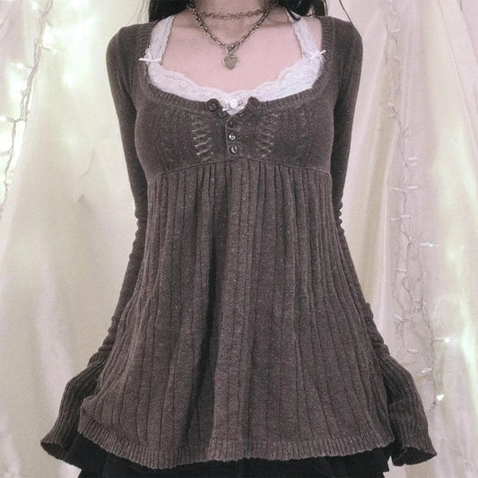 2000s Vintage Long Sleeve Babydoll Knitted Sweater Tops Cottage Milkmaid Pullovers Aesthetic Grunge Y2k Knitwear T-shirts Women SS69