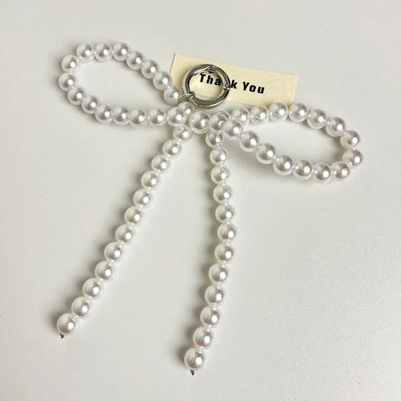 ZAKOL Y2K Korean Cute Beaded Pearl Bowknot Keychain for Women Girls Metal Bow Pendant Bag Decoration Accessories SS69 8.69 White Pearl