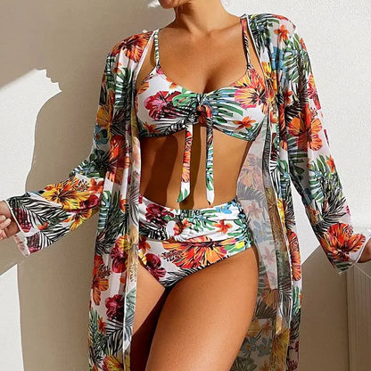 Size S-3XL Bikini Three Pieces Floral Printed Swimsuit Women Bikini Set With Mesh Long-Sleeved Blouse,Bra Top with Pad Swimwear SS69 33.69 white / XL
