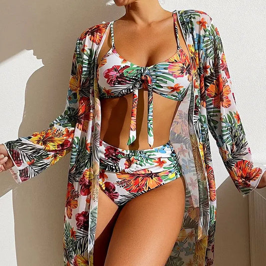 Size S-3XL Bikini Three Pieces Floral Printed Swimsuit Women Bikini Set With Mesh Long-Sleeved Blouse,Bra Top with Pad Swimwear SS69 33.69 white / XL