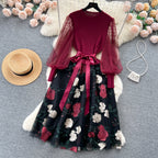 SINGREINY Senior Knitted Patchwork Dress Long Lantern Sleeves Bow Mesh Embroidery Floral Women Autumn France Elegant Party Dress
