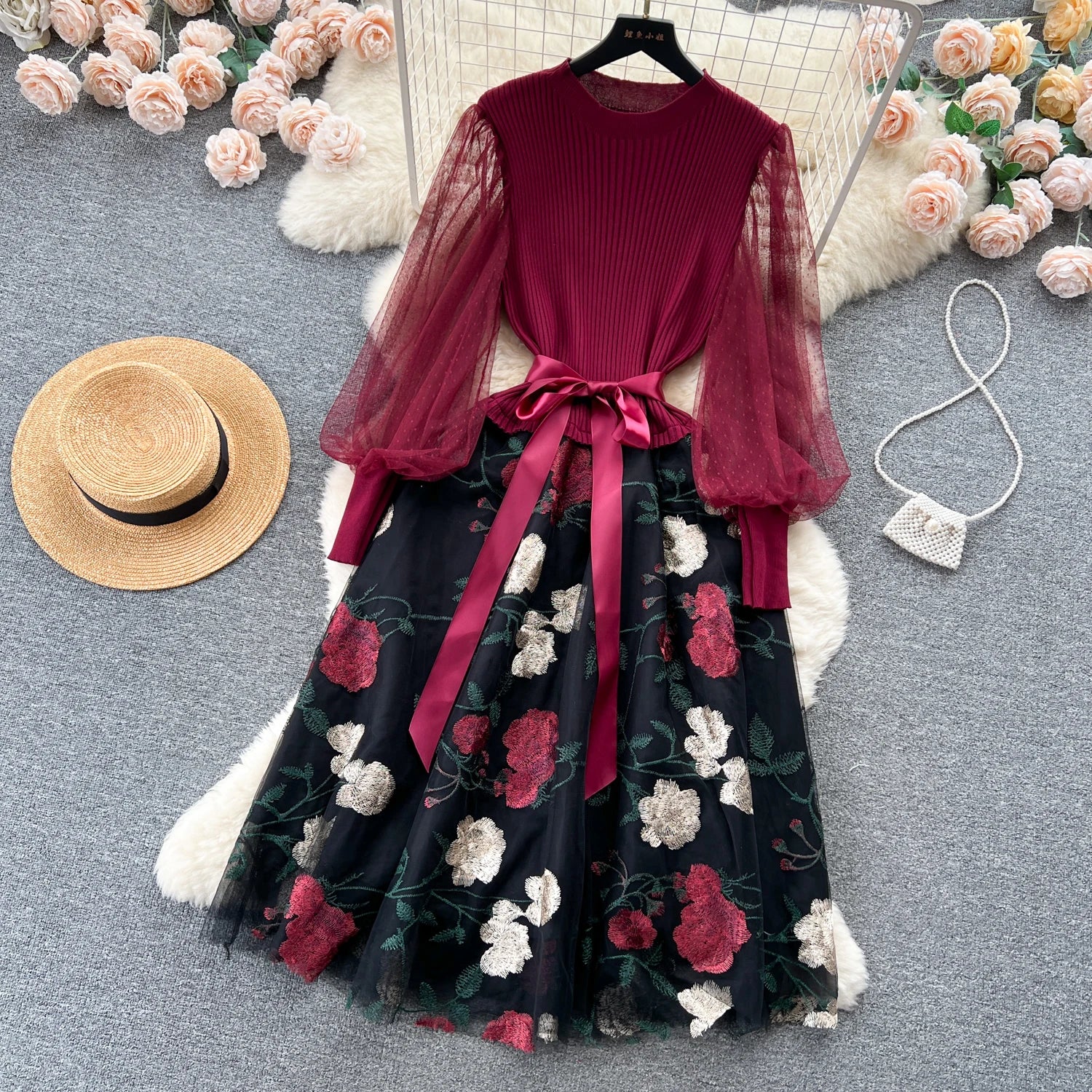 SINGREINY Senior Knitted Patchwork Dress Long Lantern Sleeves Bow Mesh Embroidery Floral Women Autumn France Elegant Party Dress