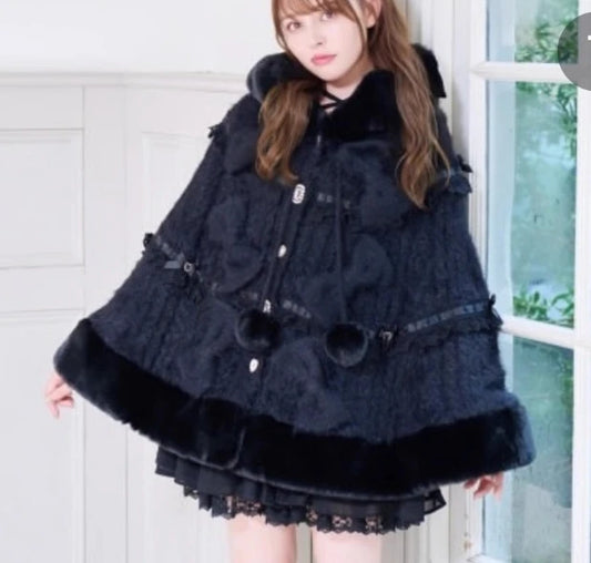 Godivana Lolita Faux Rabbit Fur Cape Coat with Rhinestone Bow and Hood