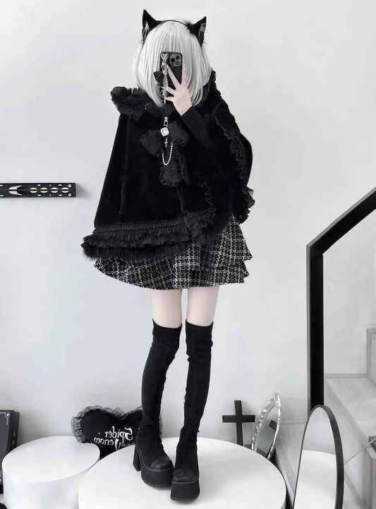 Japanese Mine Lace Splicing Cute Bow Lolita Shawl Jacket Autumn and Winter New Sweet Girl Loose Warm Plush Cape Coat Women