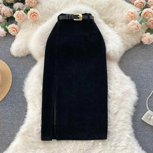 SINGREINY Women Korean Split Sexy Long Skirt 2024 Winter Corduroy Slim Thick Streetwear Fashion Vintage Autumn Bodycon Skirt
