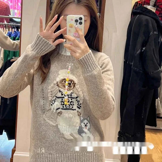 Limited Edition Autumn Winter Knitwear Embroidered Anti-Aging Crew Neck Sweater American Style Versatile Old Money Split Haier