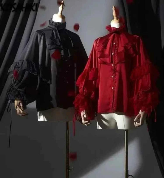 Japanese Kawaii Lolita Blouse Women Vintage Lantern Sleeve Shirt Y2k Aesthetic Lace Patchwork Tops Top Cospaly JK Loose Blusas