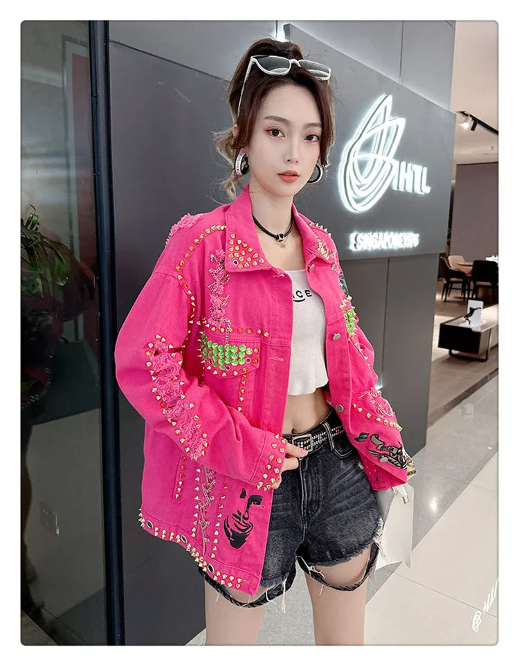Women Graffiti Printed Rivets Denim Jacket Loose Holes Diamonds Jeans Coat Sequined Cowboy Ripped Streetwear Cardigan Ins Tops SS69