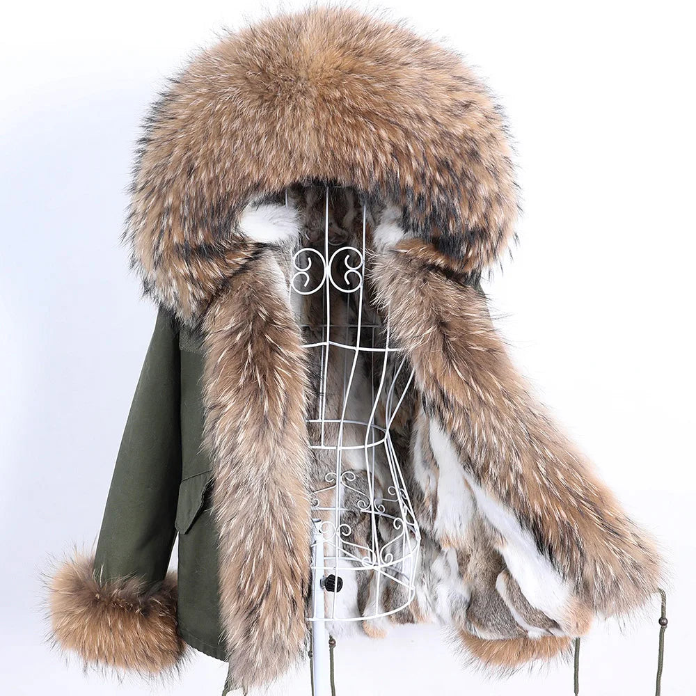 Maomaokong Winter Women Parka Cotton Jacket Real Fur Coat Natural Fox Fur Hooded Rabbit Fur Liner Thick Warm Outerwear Female